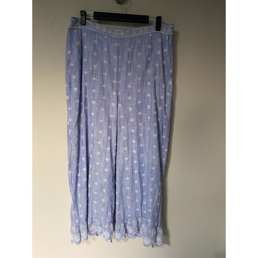 Tantrums Blue White Stripe Floral Embroidery Wide Leg  Eyelet  Pants XL Pull on